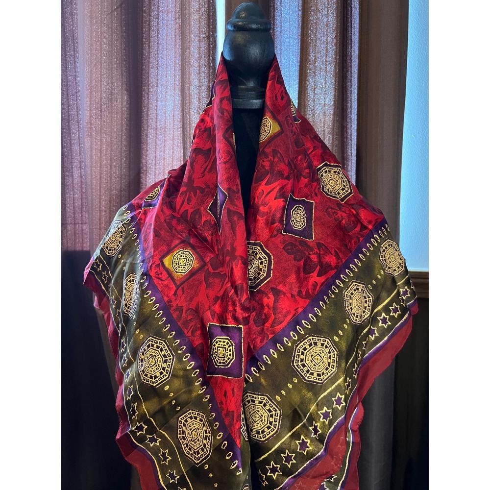 Vintage Ellen Tracy 100% Silk Square Scarf Red Purple Geometric Star Print